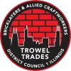 Circular Logo for the Bricklayers & Allied Craftworkers District Council 1 Illinois Trowel Trades. The logo features the Chicago skyline in black against a red brick patterned background.