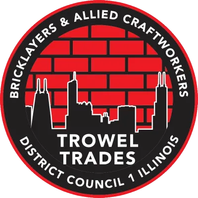 Circular Logo for the Bricklayers & Allied Craftworkers District Council 1 Illinois Trowel Trades. The logo features the Chicago skyline in black against a red brick patterned background.